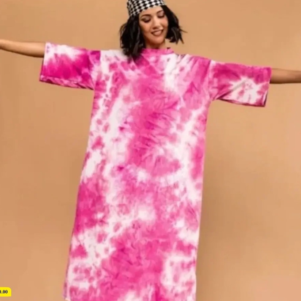 Dressed in Lala Ribbed Ozzy T-Shirt Maxi Dress Pink Tie Dye Large Oversized Boxy